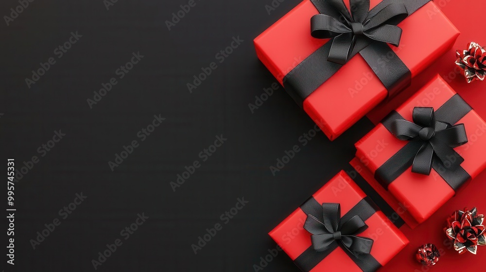 Red and black ribbon wrapped around Christmas gifts, 3D illustration Red and black ribbon wrapped around Christmas gifts, 3D illustration