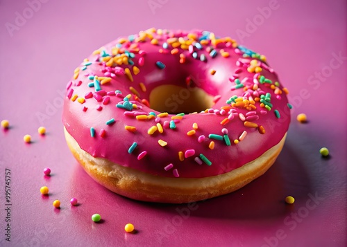 This scrumptious pink donut topped with colorful sprinkles sits against a vibrant background, inviting dessert lovers