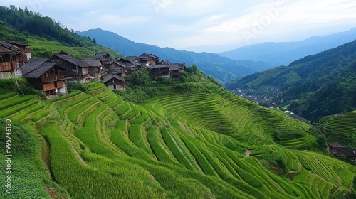 Picturesque Rural Village Nestled Amidst Lush Terraced Rice Fields