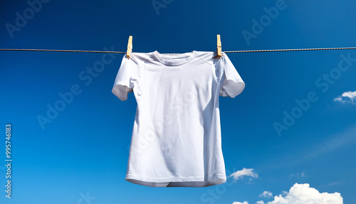 White t-shirt hanging on a clothesline against a blue sky.