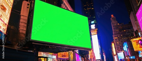 New York City billboard at night featuring a green screen display illuminated against the vibrant cityscape with glowing lights and bustling streets