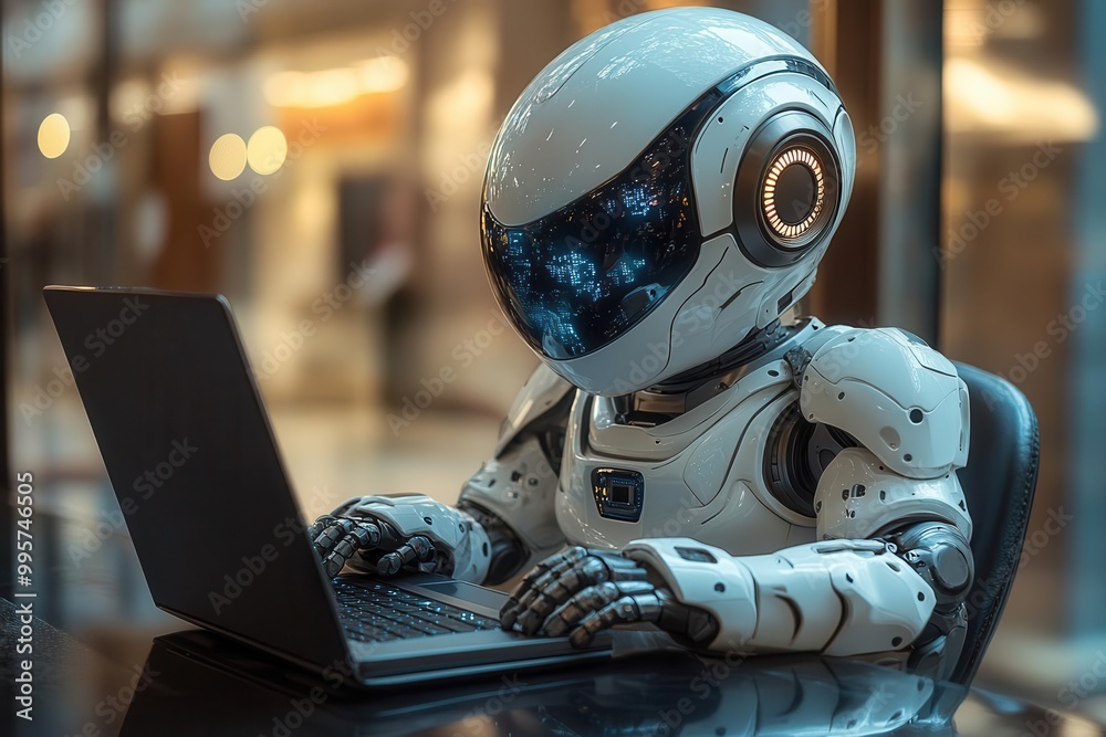adorable humanoid robot seated at a sleek desk diligently working on a laptop showcasing the harmonious blend of technology and creativity in a modern workspace adorable humanoid robot seated at a sleek desk diligently working on a laptop showcasing the harmonious blend of technology and creativity in a modern workspace