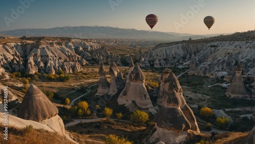 Aerial view of Cappadocia with a sky filled with drifting hot air balloons at sunrise photo