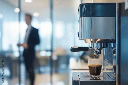 CCTV footage of a businessman using a coffee machine in an office space with intentionally blurry, soft focus capturing the scene