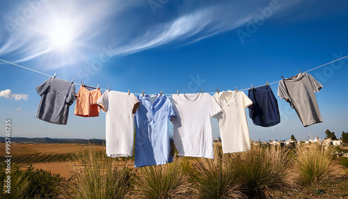 Clothes hanging on a clothesline in a sunny outdoor setting