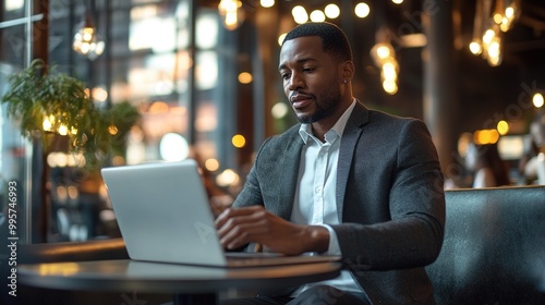 Professional Man Working on Laptop in Modern Café