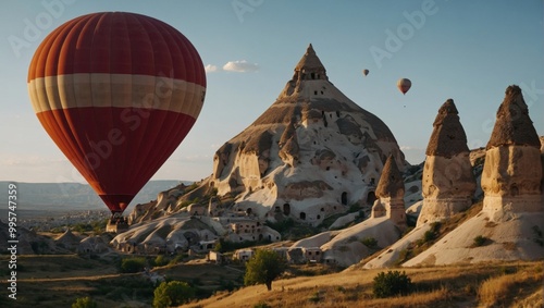 Aerial view of Cappadocia’s striking terrain with hot air balloons rising at dawn