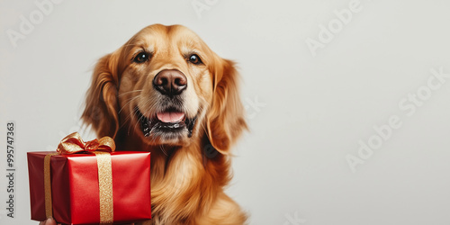 Cagnolino che esce da un pacco regalo. Cucciolo. photo