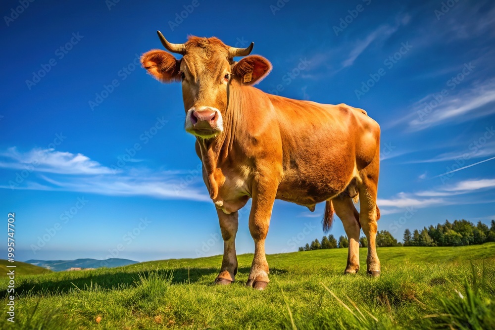 A shorthaired, rugged-coated cow stands calmly in a lush green meadow, beneath a clear blue sky, with a gentle slope before her. A shorthaired, rugged-coated cow stands calmly in a lush green meadow, beneath a clear blue sky, with a gentle slope before her.