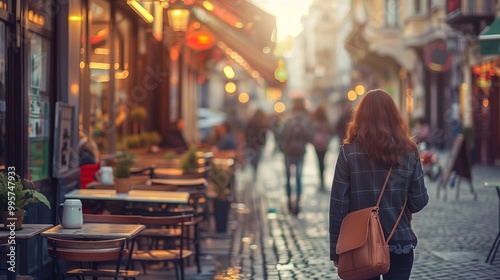 Evening Stroll in a European Street Market with Outdoor Cafes and Sunset Lighting, Photographic Travel Scene