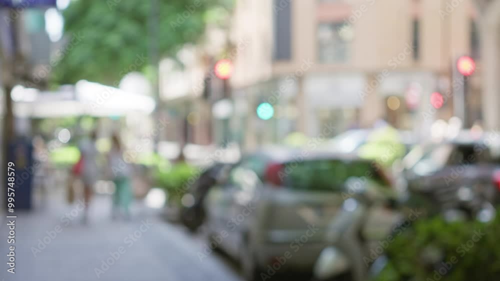 Blurred people walking outdoors on a sunny day in an urban street with cars and trees in the background Blurred people walking outdoors on a sunny day in an urban street with cars and trees in the background