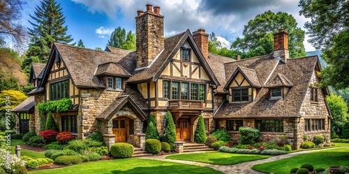 A Tudor-style mansion stands tall, its hipped rooflines and decorative chimneys rising above lush greenery, rustic surroundings, and mullioned windows with wooden shutters. photo