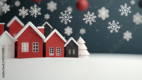 Snowflakes falling over a red and black Christmas village, 3D illustration