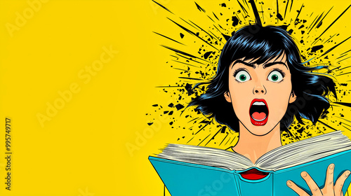 Shocked woman reading book with exploding head on yellow background