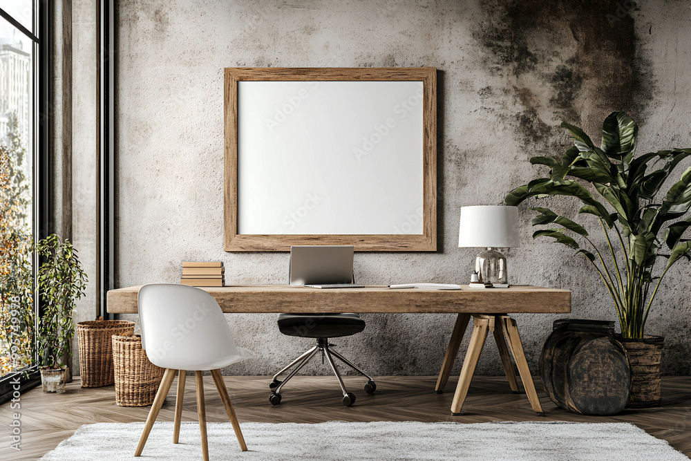 3D Rendered Mockup Frame in a Home Office Interior with Mid-Century Modern Loft Design and Stylish Decor 3D Rendered Mockup Frame in a Home Office Interior with Mid-Century Modern Loft Design and Stylish Decor