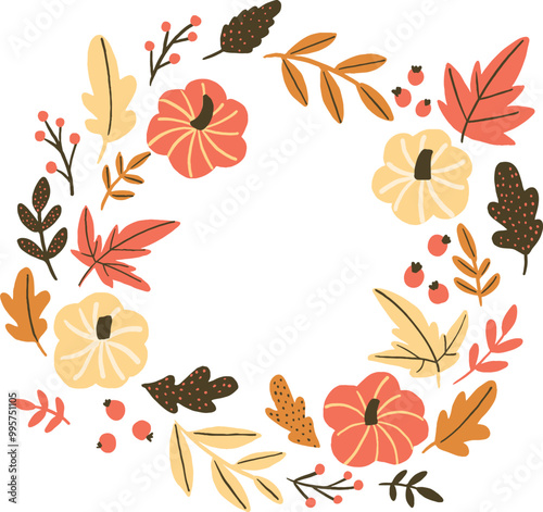 Autumn wreath of pumpkins and fall leaf as oak brown leaves, red maple tree, berries. Nature round frame