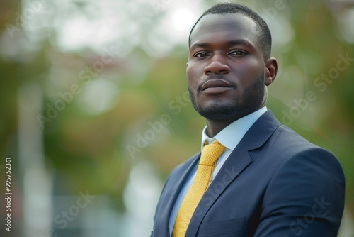 Portrait of a Garifuna businessman person in full height. Full body seen, wearing a business suit. Handsome brunette man looking forward. , background blur photo