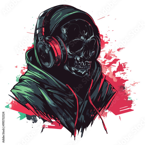A vector t-shirt design od A skull wearing headphones and a hoodie with dripping