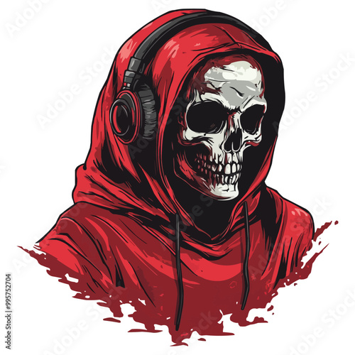 A vector t-shirt design od A skull wearing headphones and a hoodie with dripping