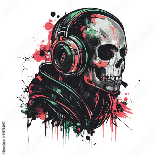 A vector t-shirt design od A skull wearing headphones and a hoodie with dripping