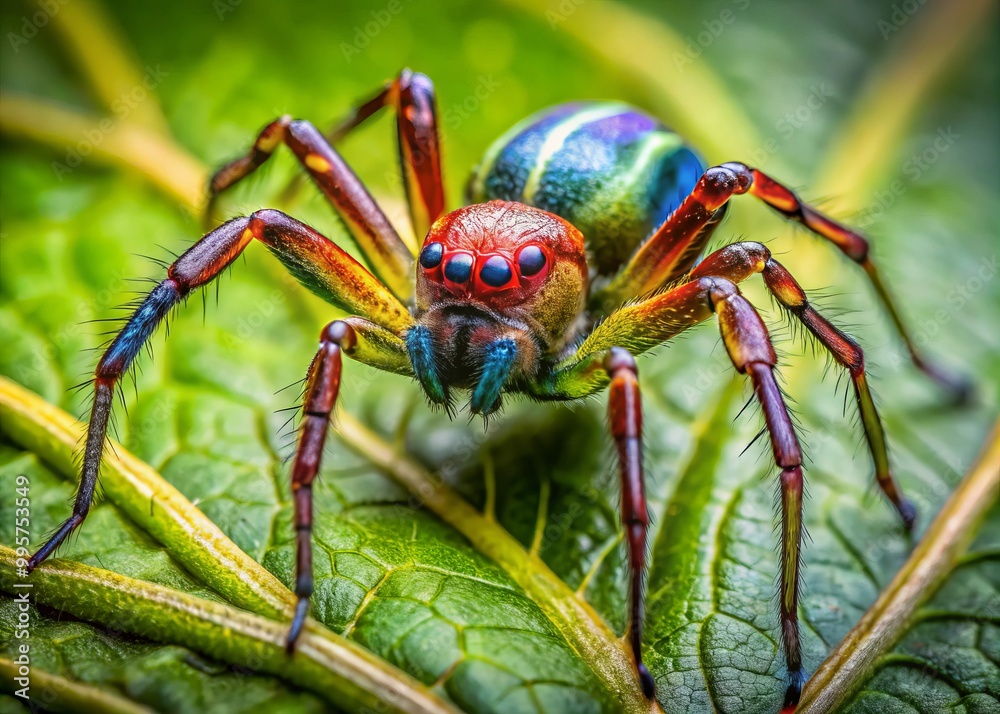 Zoomed in on a Theridiidae spider on a leaf, this depiction emphasizes its remarkable features and intricate textures, Zoomed in on a Theridiidae spider on a leaf, this depiction emphasizes its remarkable features and intricate textures,