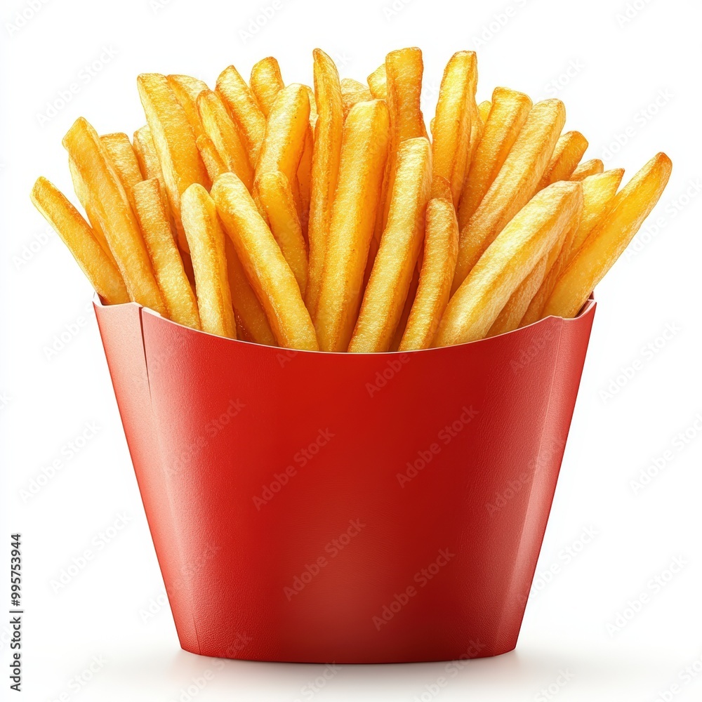 Delicious golden French fries in a red container, white isolated background. Delicious golden French fries in a red container, white isolated background.
