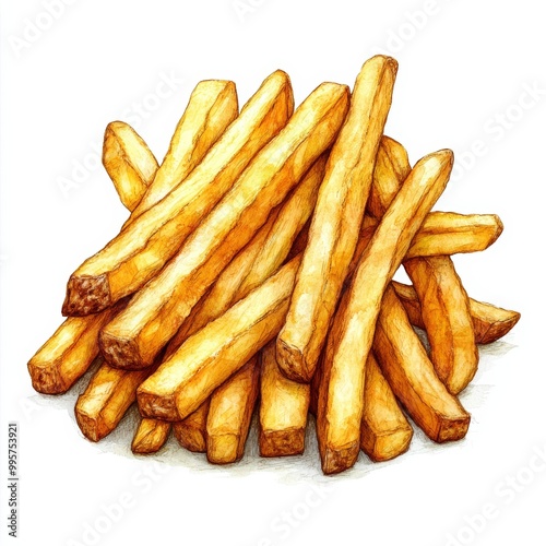 Delicious golden crispy French fries, white isolate background.