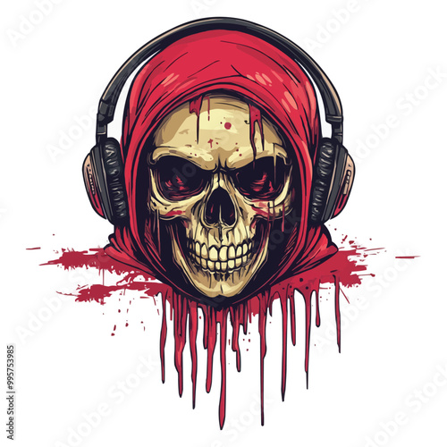 A vector t-shirt design od A skull wearing headphones and a hoodie with dripping
