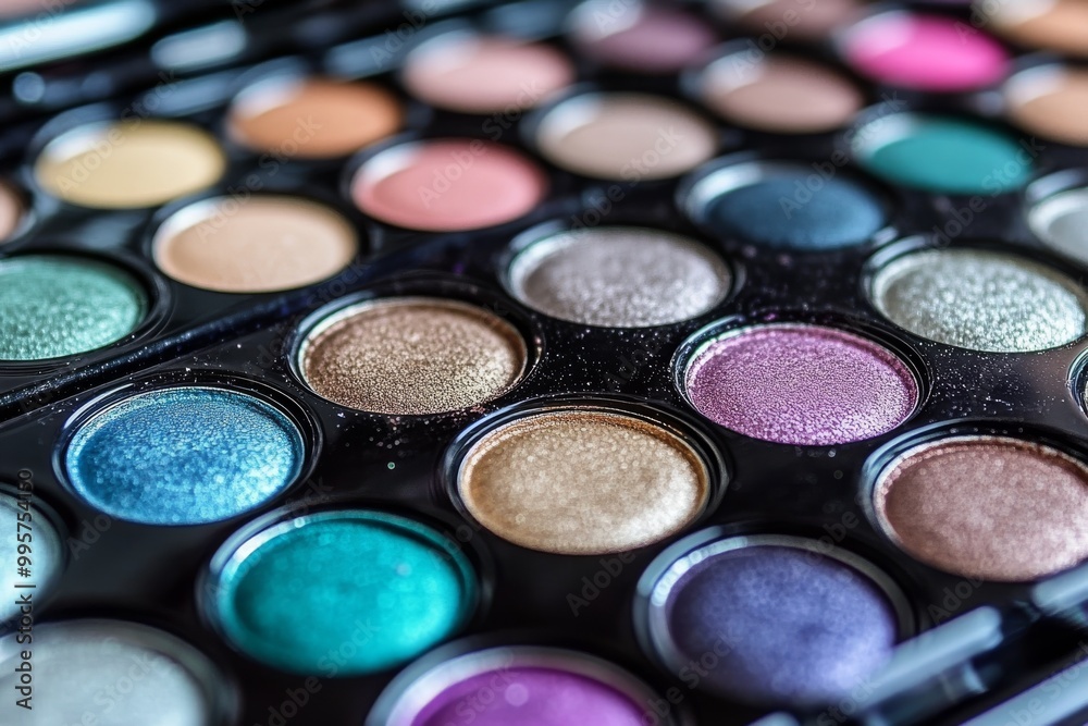 Naklejka premium Multicolored professional eyeshadow palette with circular pans featuring vibrant shades in pink blue purple and teal perfect for bold and creative makeup artistry