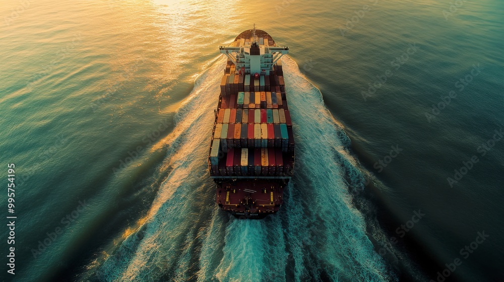 A large cargo ship navigates through shimmering water, leaving a wake behind as the sun sets, creating a picturesque maritime scene. A large cargo ship navigates through shimmering water, leaving a wake behind as the sun sets, creating a picturesque maritime scene.