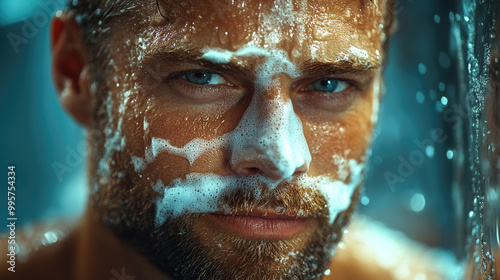 A man cleanses his face with soap in a stylish bathroom, enjoying a refreshing moment during his morning ritual