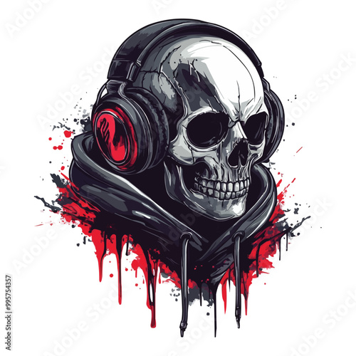 A vector t-shirt design od A skull wearing headphones and a hoodie with dripping