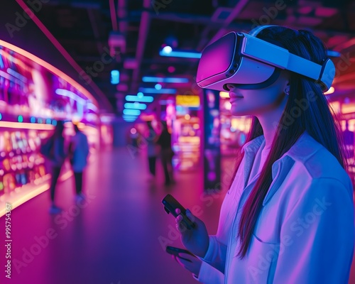 A futuristic Black Friday virtual reality shopping experience, with customers using VR headsets to navigate a digital store, flashy virtual sale displays, and a hightech atmosphere