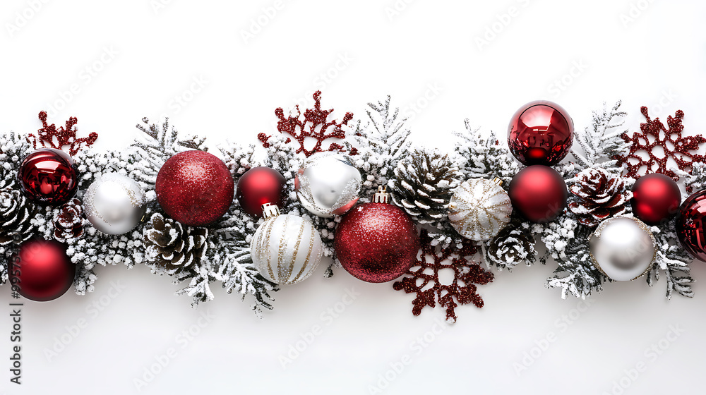 Christmas decoration with red and silver balls and snowflakes on white background Christmas decoration with red and silver balls and snowflakes on white background