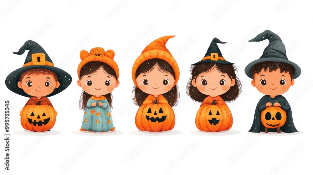 Adorable children in Halloween costumes holding pumpkin buckets, witches, ghost, and pumpkins, festive and playful, Generative AI Adorable children in Halloween costumes holding pumpkin buckets, witches, ghost, and pumpkins, festive and playful, Generative AI