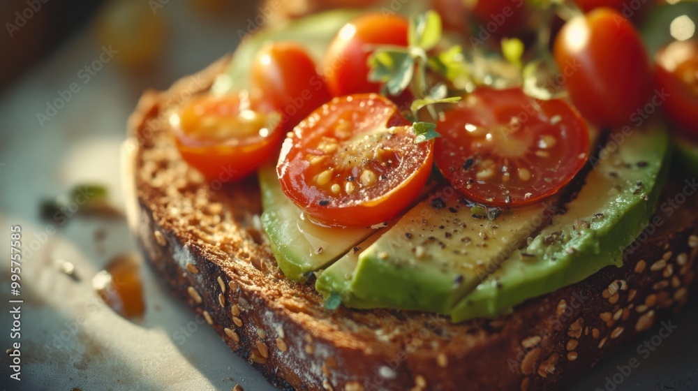 A vibrant slice of toasted bread topped with fresh avocado, cherry tomatoes, and herbs, showcasing a healthy and appetizing breakfast option. A vibrant slice of toasted bread topped with fresh avocado, cherry tomatoes, and herbs, showcasing a healthy and appetizing breakfast option.