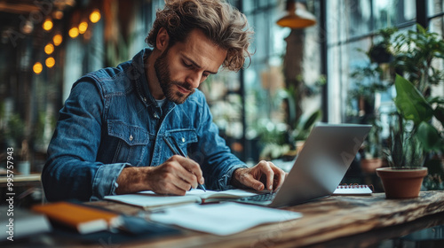 A young man focuses intently on writing in his notebook while sitting at a rustic table in a plant-filled café with warm, inviting lighting