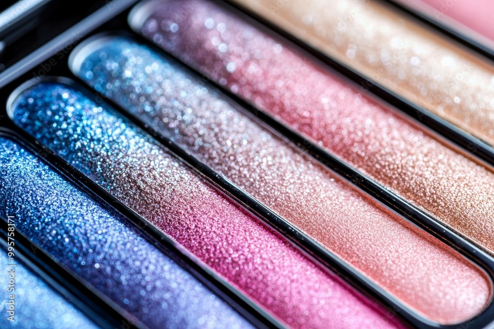Close up of glittery eyeshadow palette with pink blue and silver shades arranged in horizontal pans and emphasizing bold vibrant beauty pigments