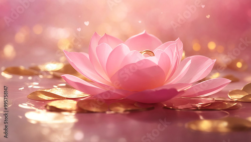  beautiful, delicate pink lotus flower sits on golden petals, surrounded by a soft, glowing pink background.