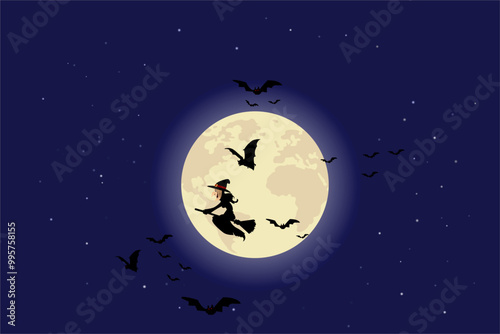 Witch riding a broomstick floating in the sky on Halloween night. A flock of bats was flying amidst the moonlight shining from the large moon.
