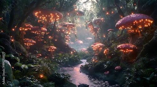 Mystical Forest with Enchanted Creatures A magical forest filled with oversized mushrooms, glowing plants, and mythical creatures like fairies and unicorns. The scene should be illuminated by soft, et