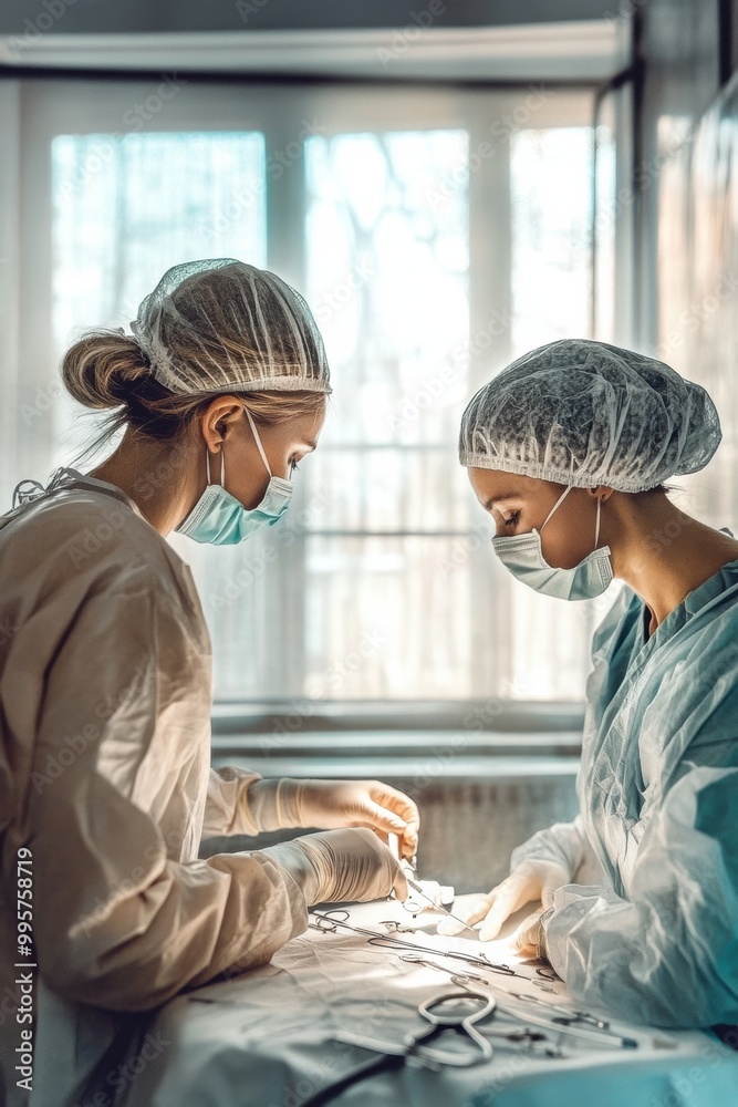 Obraz premium Surgeons collaborating in a operating room during a procedure with medical instruments