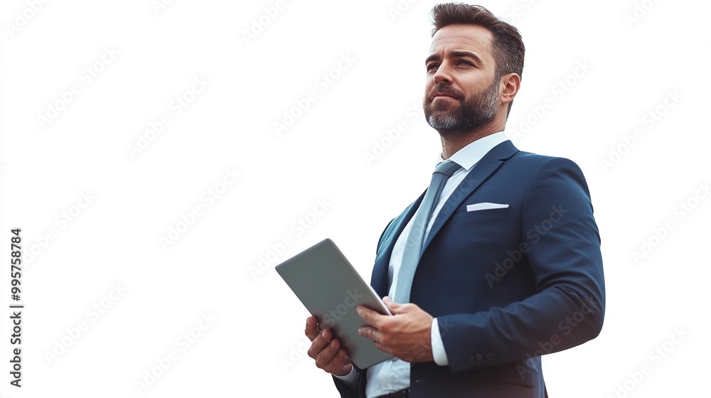 Professional Man Holding Tablet in Business Attire Professional Man Holding Tablet in Business Attire