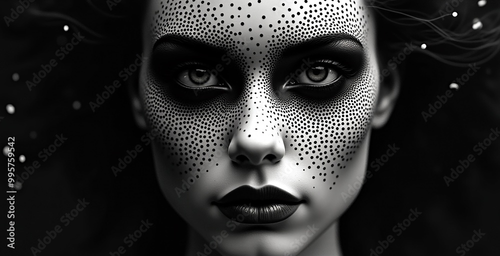 a woman with a face painted with many dots on a black background a woman with a face painted with many dots on a black background