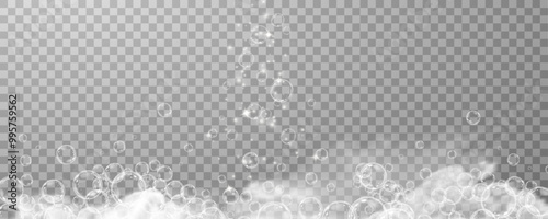 This vector template shows a bath foam with shampoo bubbles isolated on a transparent background. It can be used for advertising purposes. Mousse bath foam.