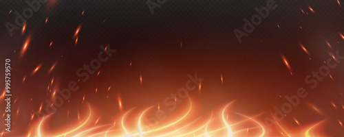 Burning hot sparks effect with embers burning ash and smoke flying in the air. Burning glowing particles. Flame of fire with sparks isolated on a black transparent background. Flame png.