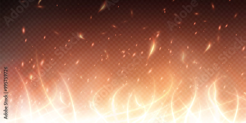 Burning hot sparks effect with embers burning ash and smoke flying in the air. Burning glowing particles. Flame of fire with sparks isolated on a black transparent background. Flame png.