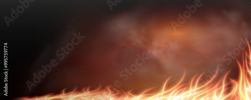 Burning hot sparks effect with embers burning ash and smoke flying in the air. Burning glowing particles. Flame of fire with sparks isolated on a black transparent background. Flame png.