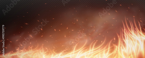 Burning hot sparks effect with embers burning ash and smoke flying in the air. Burning glowing particles. Flame of fire with sparks isolated on a black transparent background. Flame png.