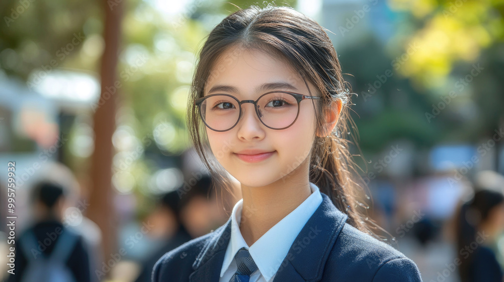 A cheerful student in glasses poses outdoors in a school uniform under bright sunlight, with classmates blurred in the background A cheerful student in glasses poses outdoors in a school uniform under bright sunlight, with classmates blurred in the background